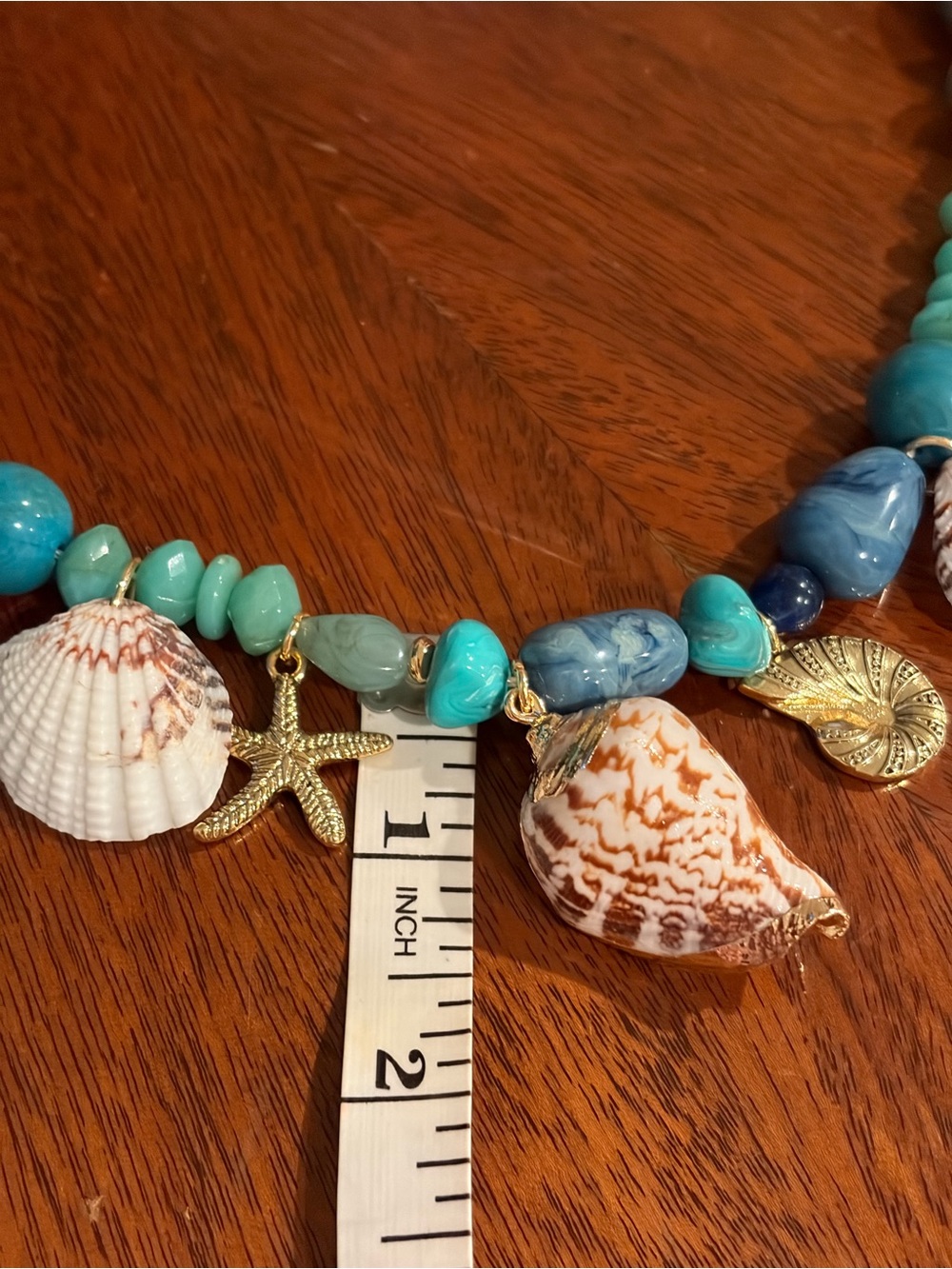 Turquoise Bead Shell Charm Necklace with Gold Accents - Women Jewelry - Picture 4 of 8